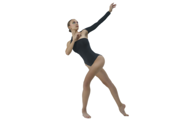 young female dancer in a bodysuit and barefoot shows elements of modern choreography with an eversion of the arms, isolated on transparent background, png
