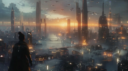 A futuristic cityscape with towering skyscrapers and flying vehicles.