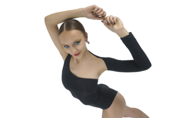 young female dancer in a bodysuit shows elements of choreography with her hands above her head top view