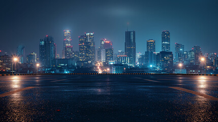 Bangkok urban cityscape skyline night scene with empty asphalt floor on front.
