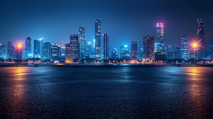 Obraz premium Bangkok urban cityscape skyline night scene with empty asphalt floor on front.