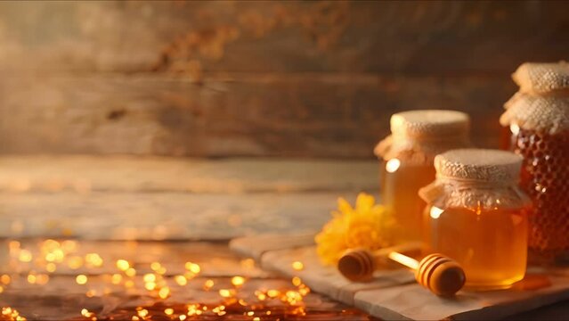 Bee propolis with honey jars, rustic table, natural remedy theme