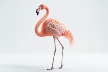 Flamingo standing, 3D rendering, minimalist white backdrop, soft pink feathers, one leg raised, gentle ambient lighting