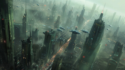 A futuristic cityscape with towering skyscrapers and flying vehicles.