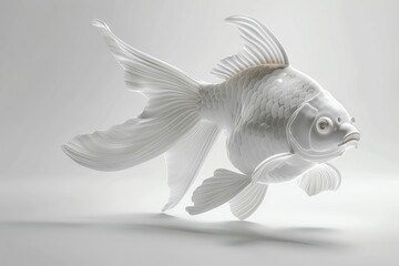 Goldfish, 3D model, stark white setting, classic curved posture, shimmering scales, gentle overhead light