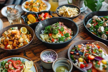 Assorted healthy salads on a wooden table
