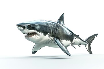 Great white shark, 3D render, crisp white background, dynamic hunting pose, detailed texture, spotlight from above