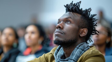 A man with dreadlocks is sitting in a crowd of people
