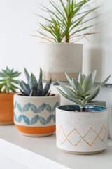Obraz premium A series of minimalist ceramic plant pots with geometric patterns, arranged in a row on a white shelf, showcasing their modern aesthetic. 