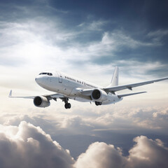 Fototapeta na wymiar Passenger jet soars above clouds, basking in the golden light of dawn
