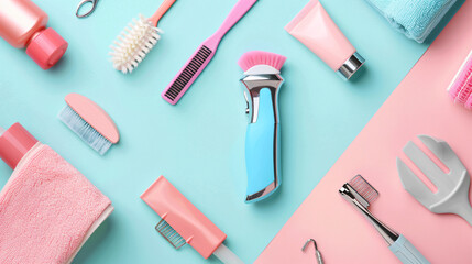 Set for hair removal on color background flat lay