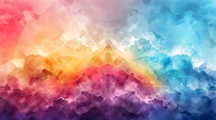 Vibrant Geometric Watercolor Clouds and Rainbow Landscape with Cinematic 3D Rendering and Minimalist Design