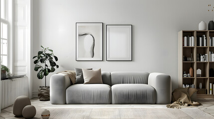 Stylish Tranquility: Well-Decorated Living Room with Comfortable Sofa, Woven Ottoman, and Serene Natural Light Ambiance
