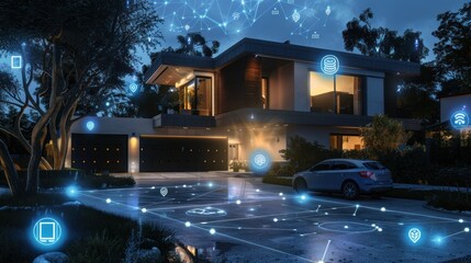 Seamless Integration of Modern Technology: Smart Home Exterior Night Scene