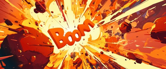 The word "boom" emerging from a fiery explosion, capturing the intensity of the moment, Cartoon background