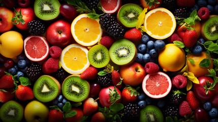 Many fresh fruits mix top down view from above.