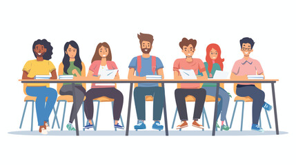 Group students sitting in school desk avatar charact
