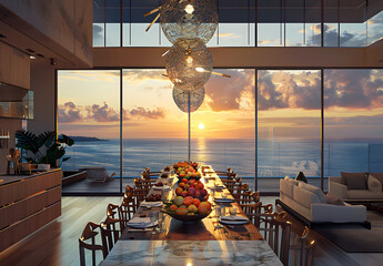 Fototapeta premium Light living room interior with beige couch and dining room with chairs on background, light grey concrete floor and window with countryside. 