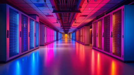 Shot of Corridor in Working Data Center Full of Rack Servers and Supercomputers with High Internet Visualisation Projection , blue background , 