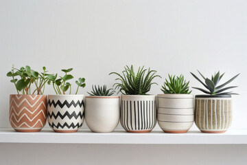 A series of minimalist ceramic plant pots with geometric patterns, arranged in a row on a white shelf, showcasing their modern aesthetic. 