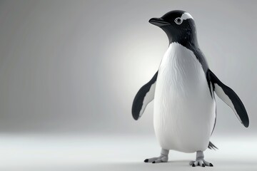 Penguin waddling, 3D render, white setting, characteristic black and white color, realistic texture, soft side lighting