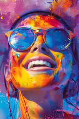 Vibrant Watercolor of a Joyful Smiling Face with Colorful Abstract Glasses