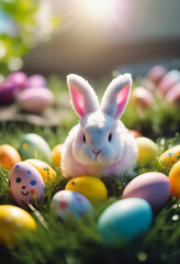 White Easter bunny rabbits in different poses and pastel Easter eggs vector illustration