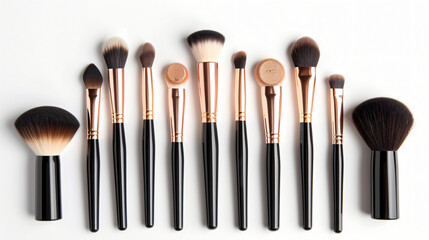 Set of decorative cosmetics with makeup brushes on white