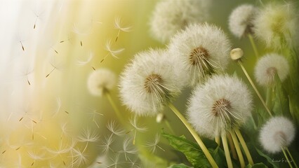 Dandelion flower Puffs Floating Seeds in Golden Light Soft Color Gradient green, white nature