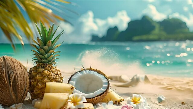 Beachside picnic, ice box, coconuts, pineapple, summer vibe, travel vacation