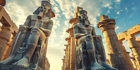 Pillars and sculptures at the front gateway of the Egyptian temple.
