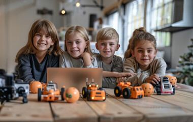 Four children smiling at a table, engaged in a robotics workshop with various educational toys and a laptop.