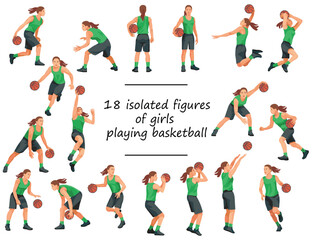 18 women's basketball girl players in green uniforms standing with the ball, running, jumping, throwing, shooting, passing the ball