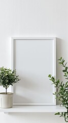 Create a minimal art print with a white frame and a white background. Add a potted plant to the left and some hanging leaves on the right.