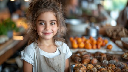 Charming young girl with a radiant smile, proudly standing in a kitchen surrounded by a variety of freshly baked pastries.