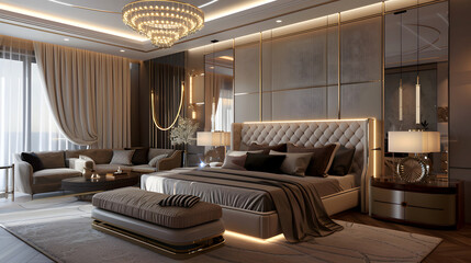 Big comfortable double bed in elegant classic bedroom.