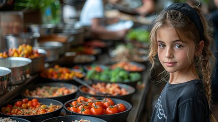 A young girl confidently poses in a culinary class, surrounded by colorful dishes prepared during the session.