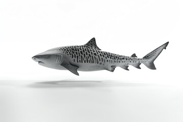 Tiger shark, 3D model, stark white setting, swimming motion captured, realistic markings, clear light from the side