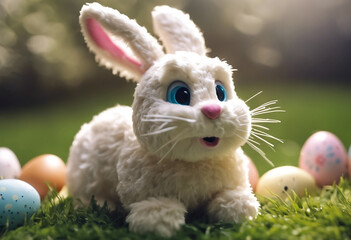 White Easter bunny rabbits in different poses and pastel Easter eggs vector illustration