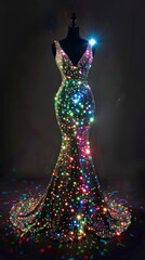 Dress made of tiny led lights that twinkle like stars, fitted to the body and flowing to the ground in a mermaid style. Perfect for a night out on the town or a special event.