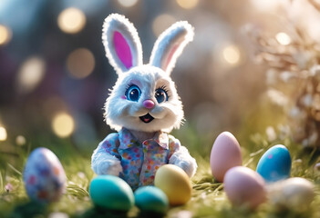 White Easter bunny rabbits in different poses and pastel Easter eggs vector illustration