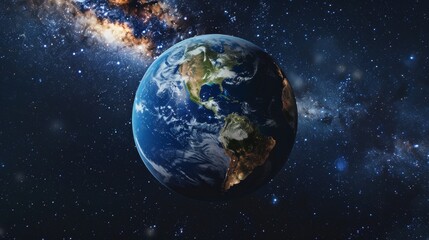 The earth in space, against a galaxy background with stars.