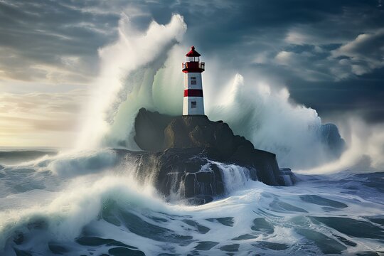 Giant water wave crashing into rock with lighthouse on top.