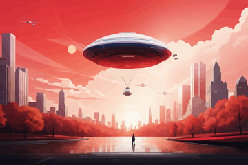 An unknown giant flying object is landing in central park NY illustration