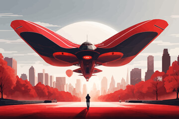An unknown giant flying object is landing in central park NY illustration