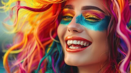 Smiling Woman With Colorful Hair and Makeup. Generative AI