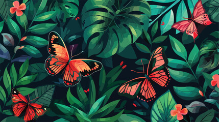 Wallpaper of butterflies and plants Vector illustration