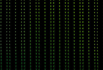 Dark green vector pattern with EUR, USD, GBP, JPY.