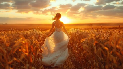 Photograph of a woman running in wedding dress running in fields sunset / sunrise