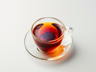 Elegant Glass Cup of Amber Tea on White Background.